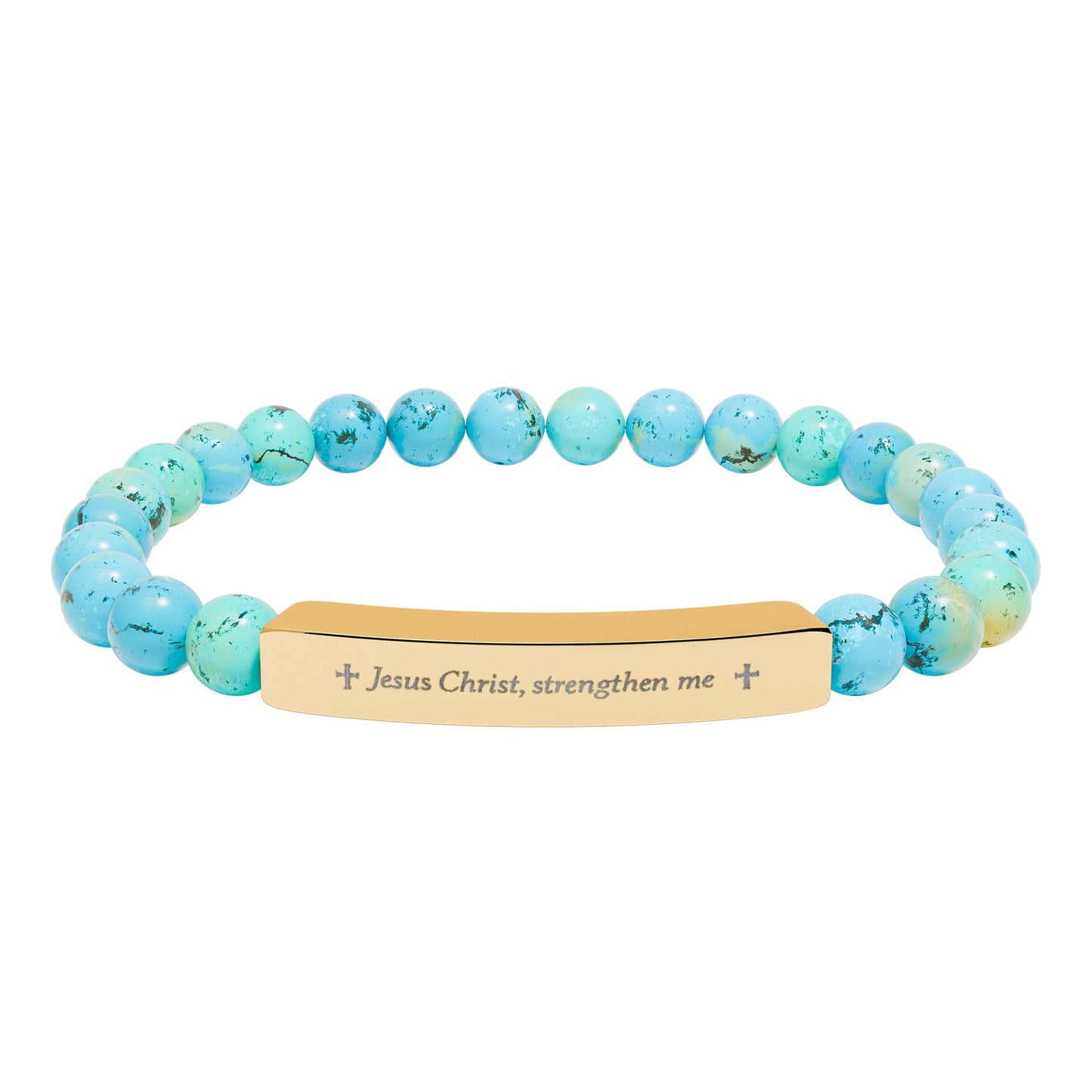 Engraved Natural Stone Bead Bracelet — Personalized Bar Stretch Bracelet