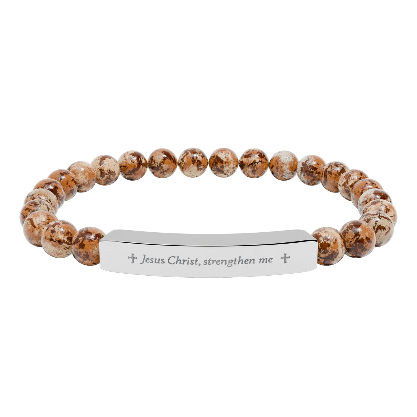 Engraved Natural Stone Bead Bracelet — Personalized Bar Stretch Bracelet