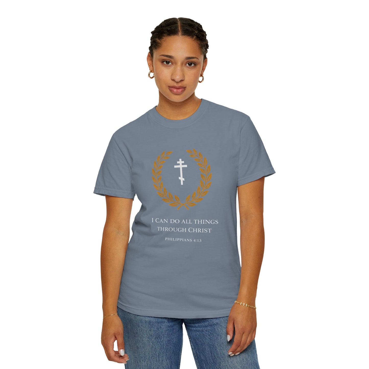 Christian T-Shirt — "I Can Do All Things Through Christ" Philippians 4:13 Cross Laurel Design