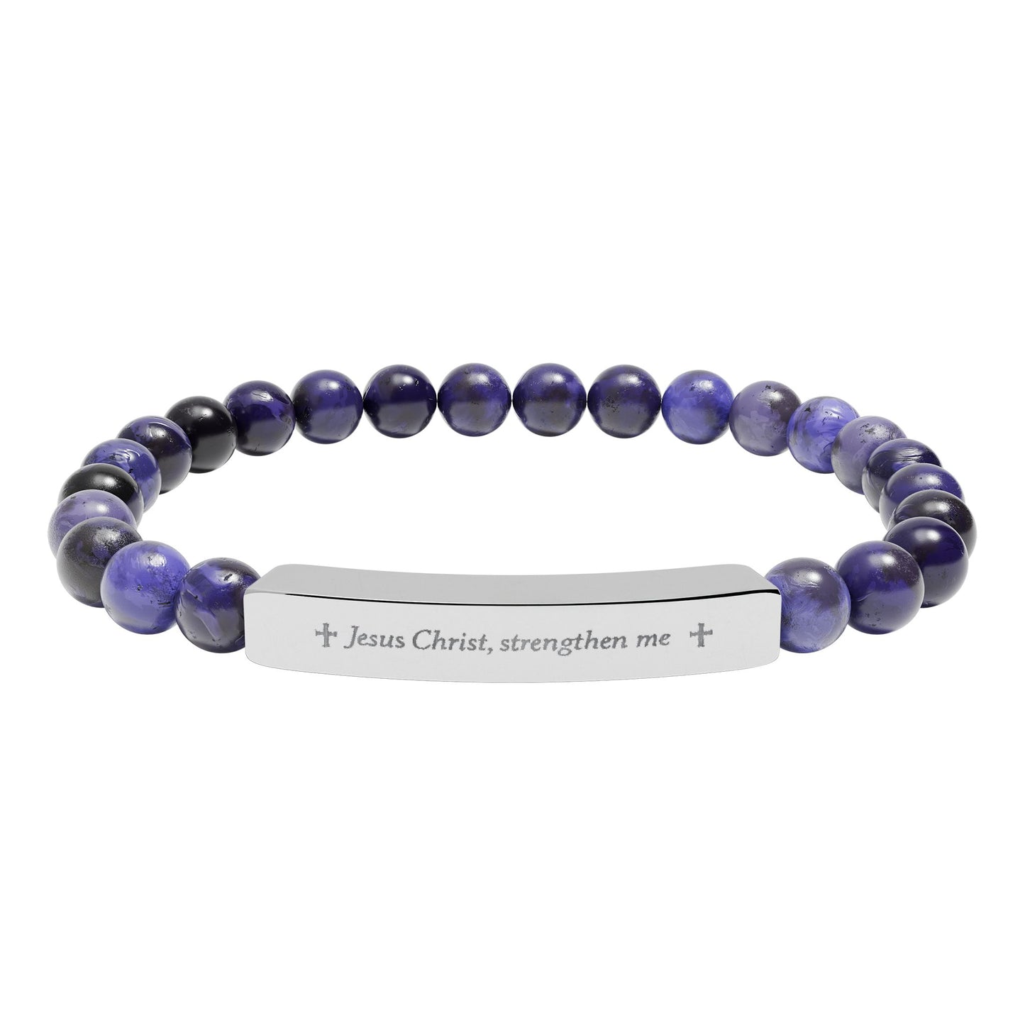 Engraved Natural Stone Bead Bracelet — Personalized Bar Stretch Bracelet