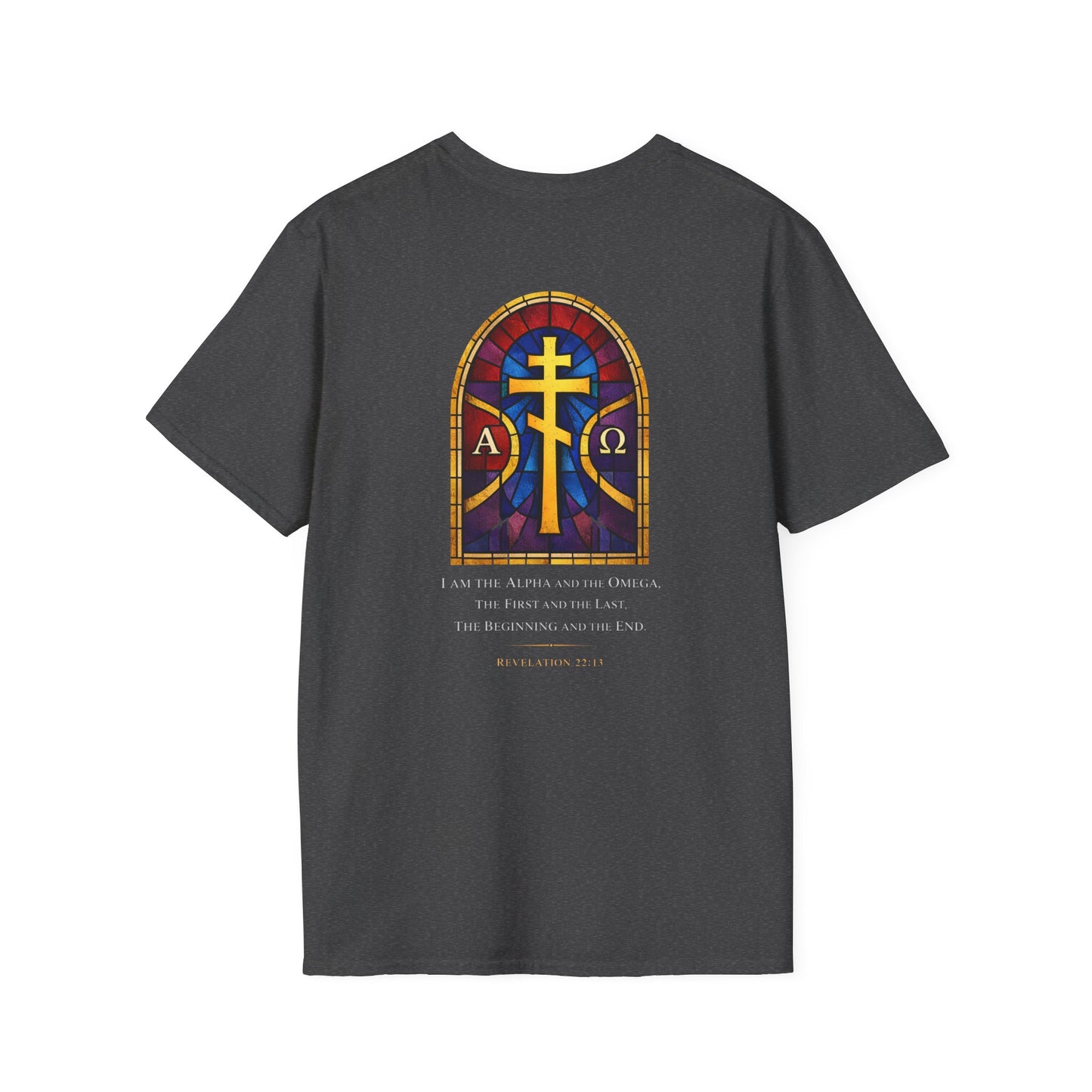 Christian Stained Glass Cross T-Shirt — "I Am the Alpha and the Omega"
