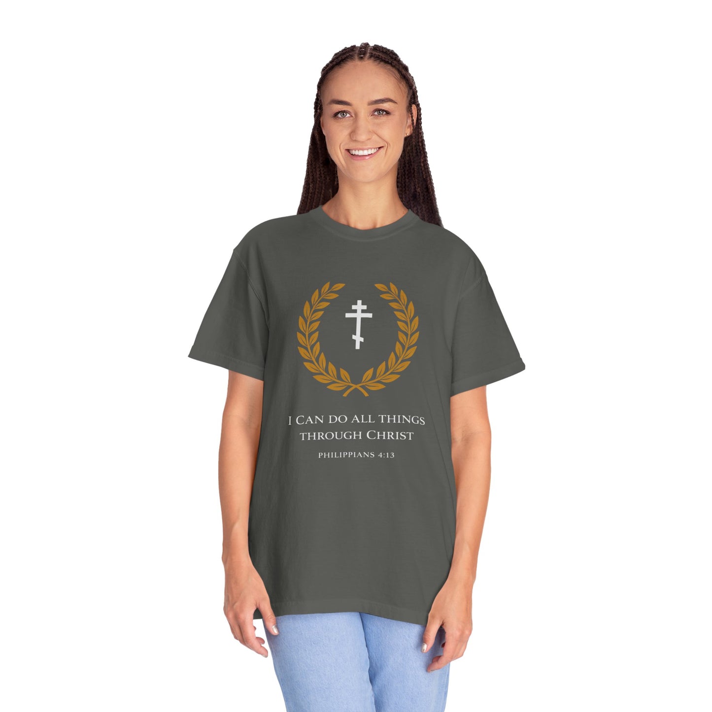 Christian T-Shirt — "I Can Do All Things Through Christ" Philippians 4:13 Cross Laurel Design