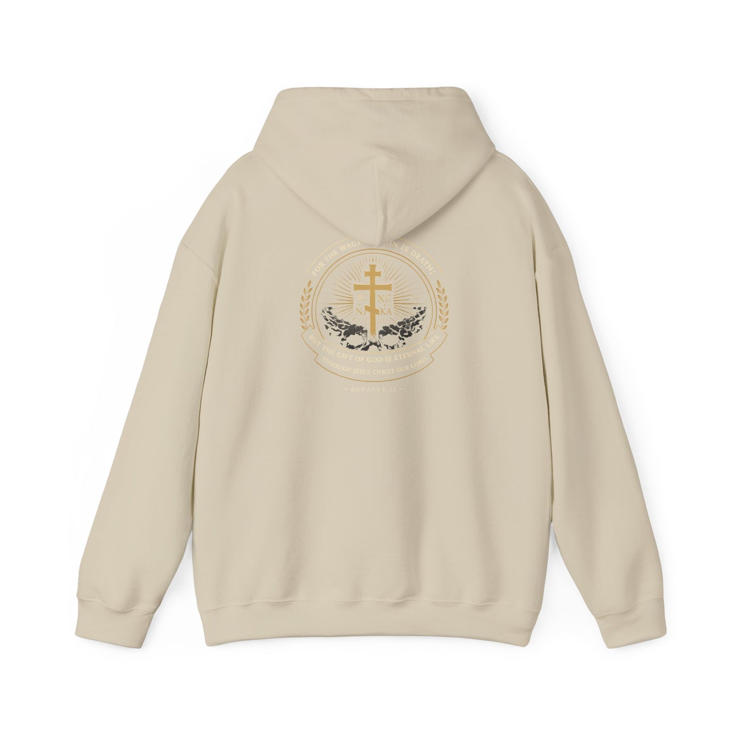 Christian Cross Hoodie — Gold Cross with Wings & Laurel Comfort Pullover