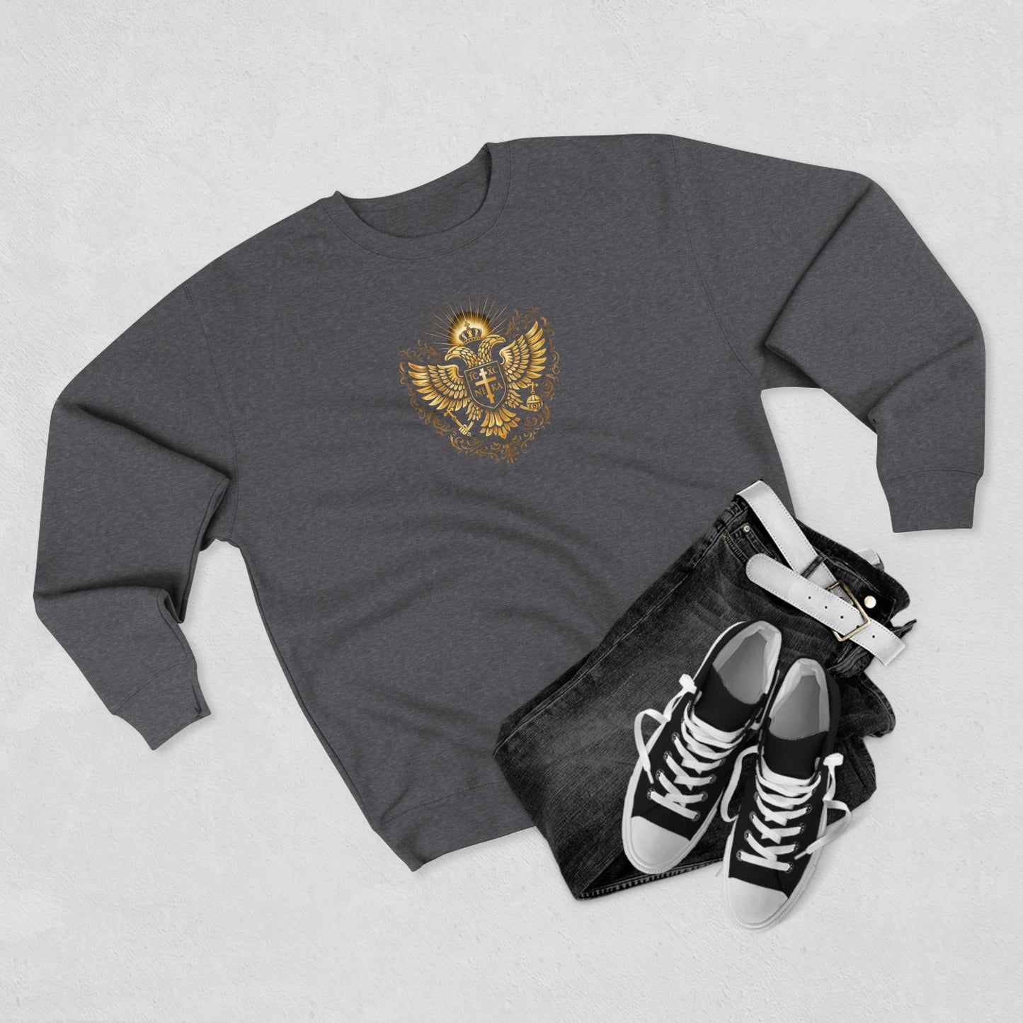 Golden Double-Headed Eagle Crewneck Sweatshirt — "I Am the Alpha and the Omega" Back Graphic
