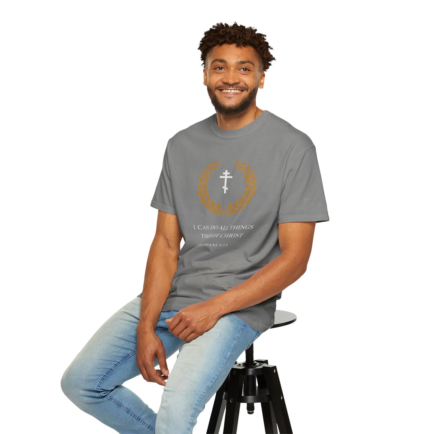 Christian T-Shirt — "I Can Do All Things Through Christ" Philippians 4:13 Cross Laurel Design
