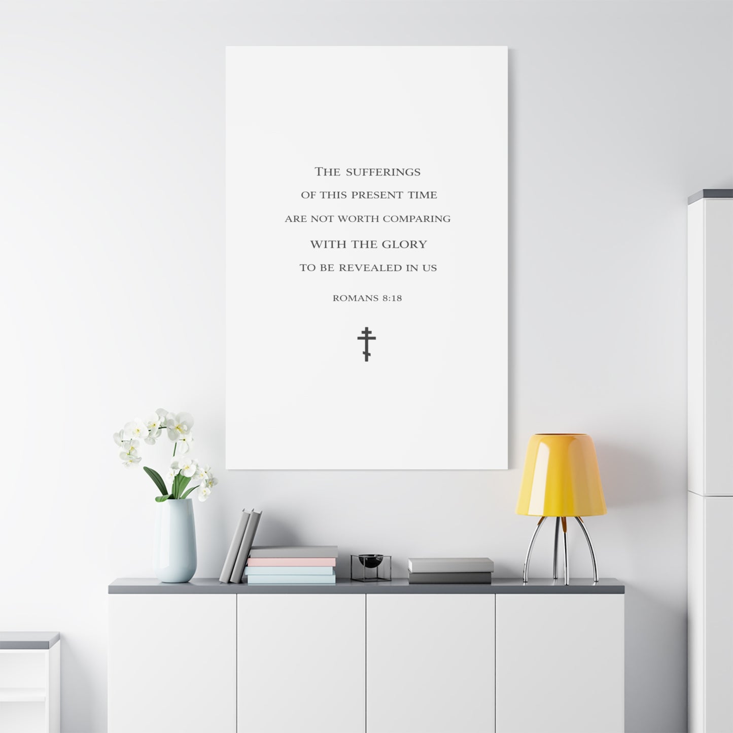 Canvas Wall Art — Romans 8:18 Scripture Quote with Cross
