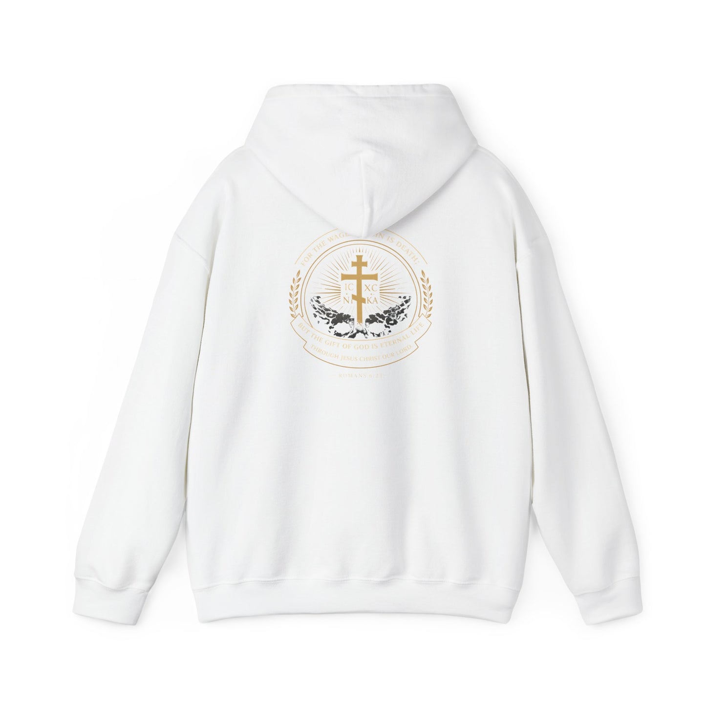 Christian Cross Hoodie — Gold Cross with Wings & Laurel Comfort Pullover