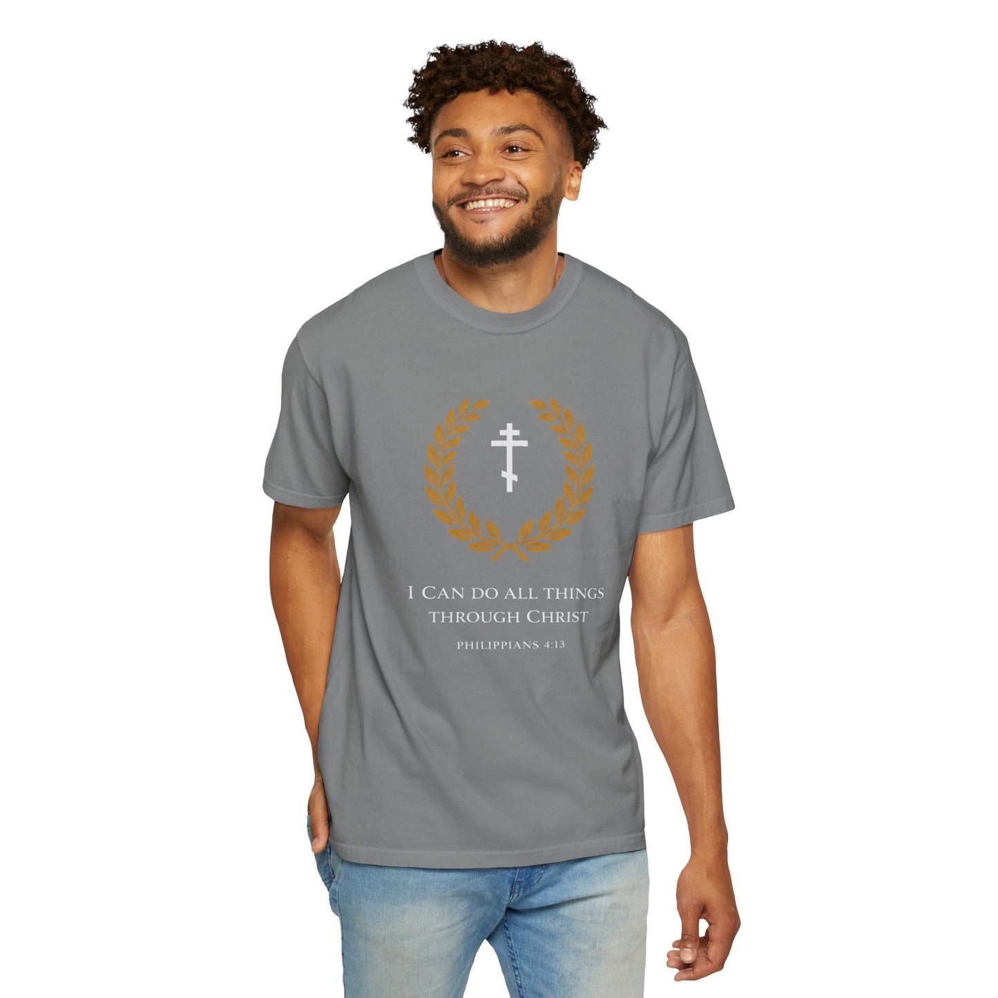 Christian T-Shirt — "I Can Do All Things Through Christ" Philippians 4:13 Cross Laurel Design