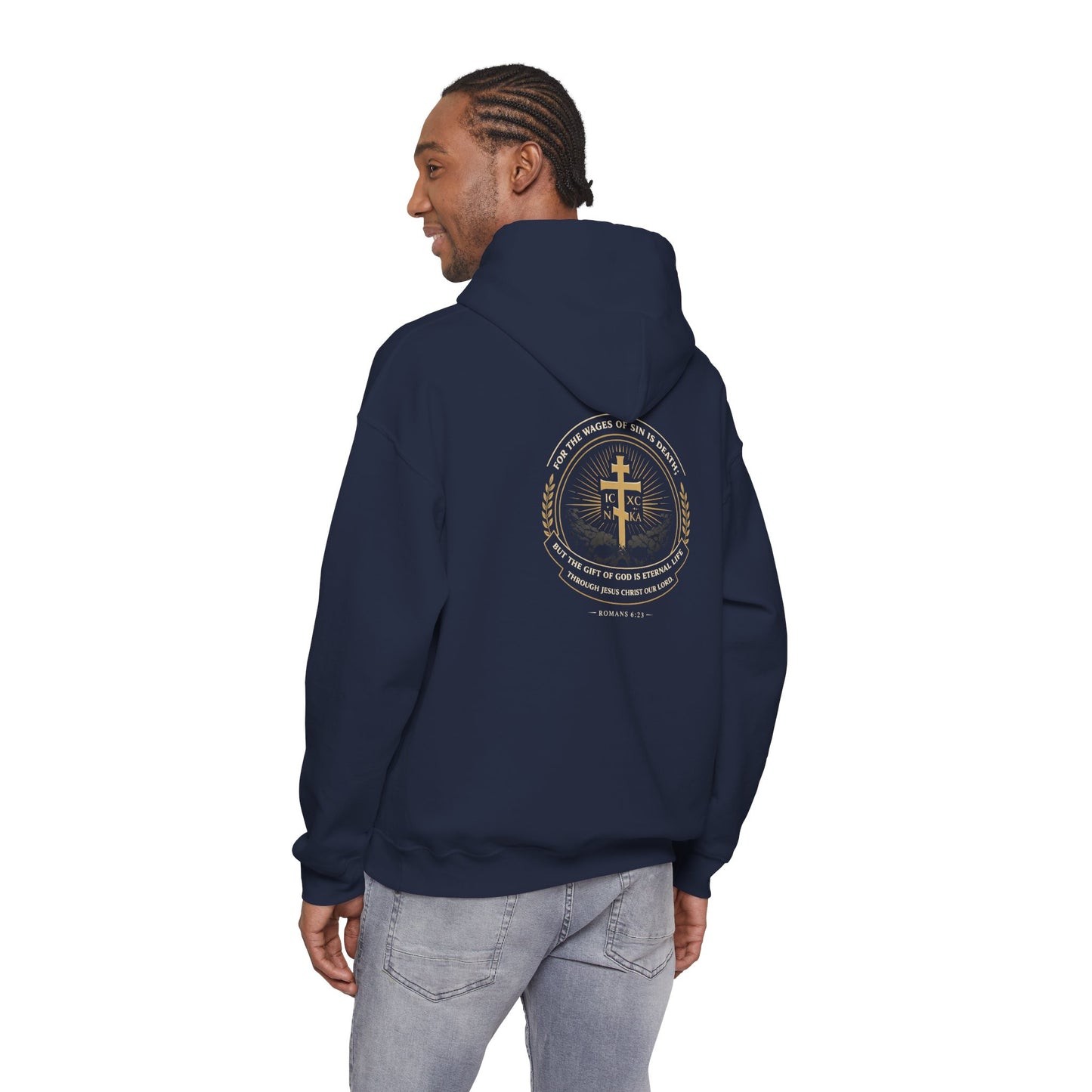 Christian Cross Hoodie — Gold Cross with Wings & Laurel Comfort Pullover