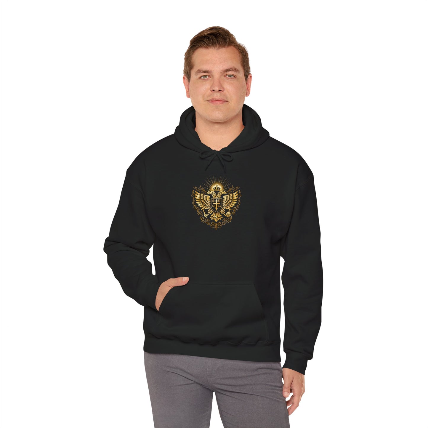 Christian Cross & Eagle Hoodie — Faith-Based Gold Emblem Sweatshirt