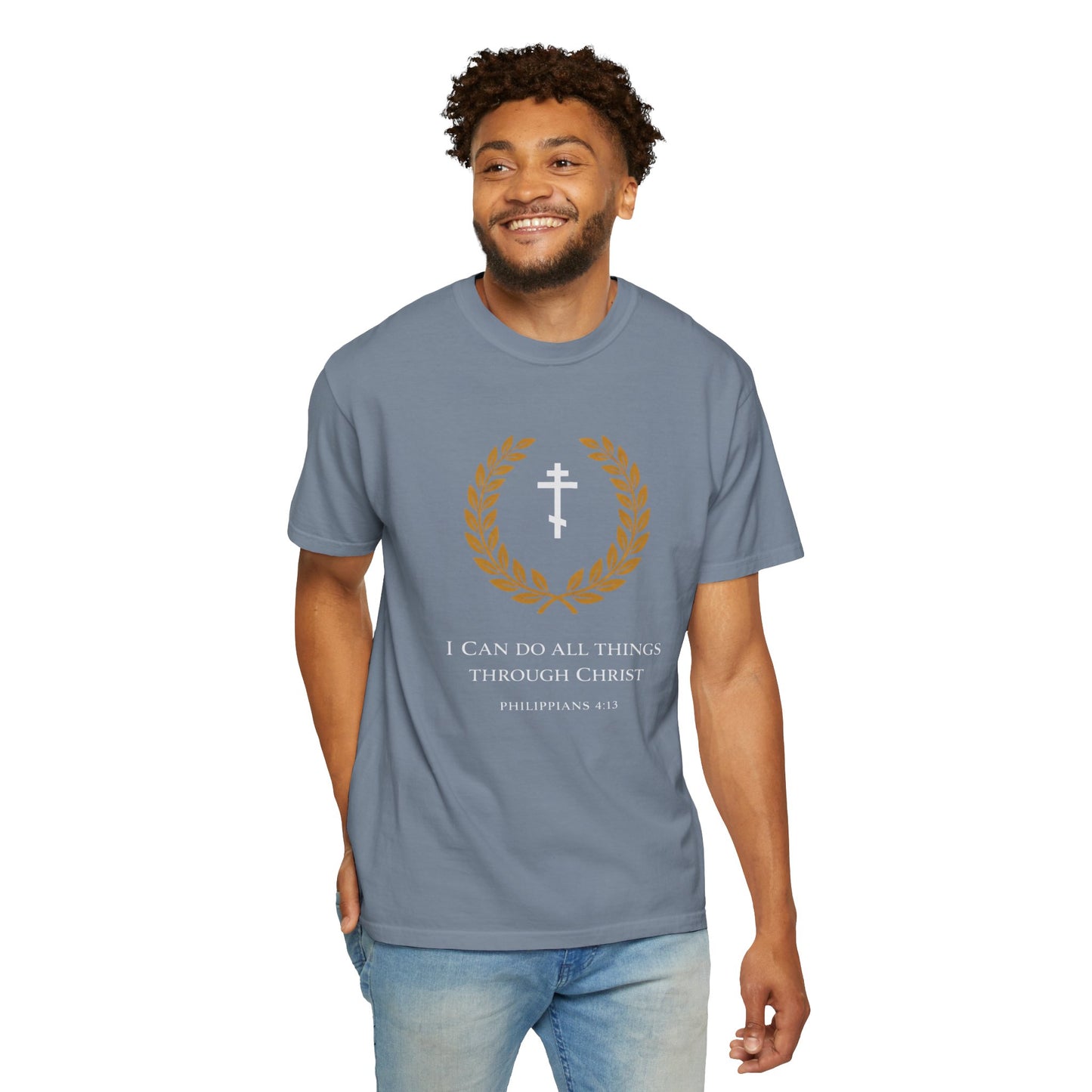 Christian T-Shirt — "I Can Do All Things Through Christ" Philippians 4:13 Cross Laurel Design