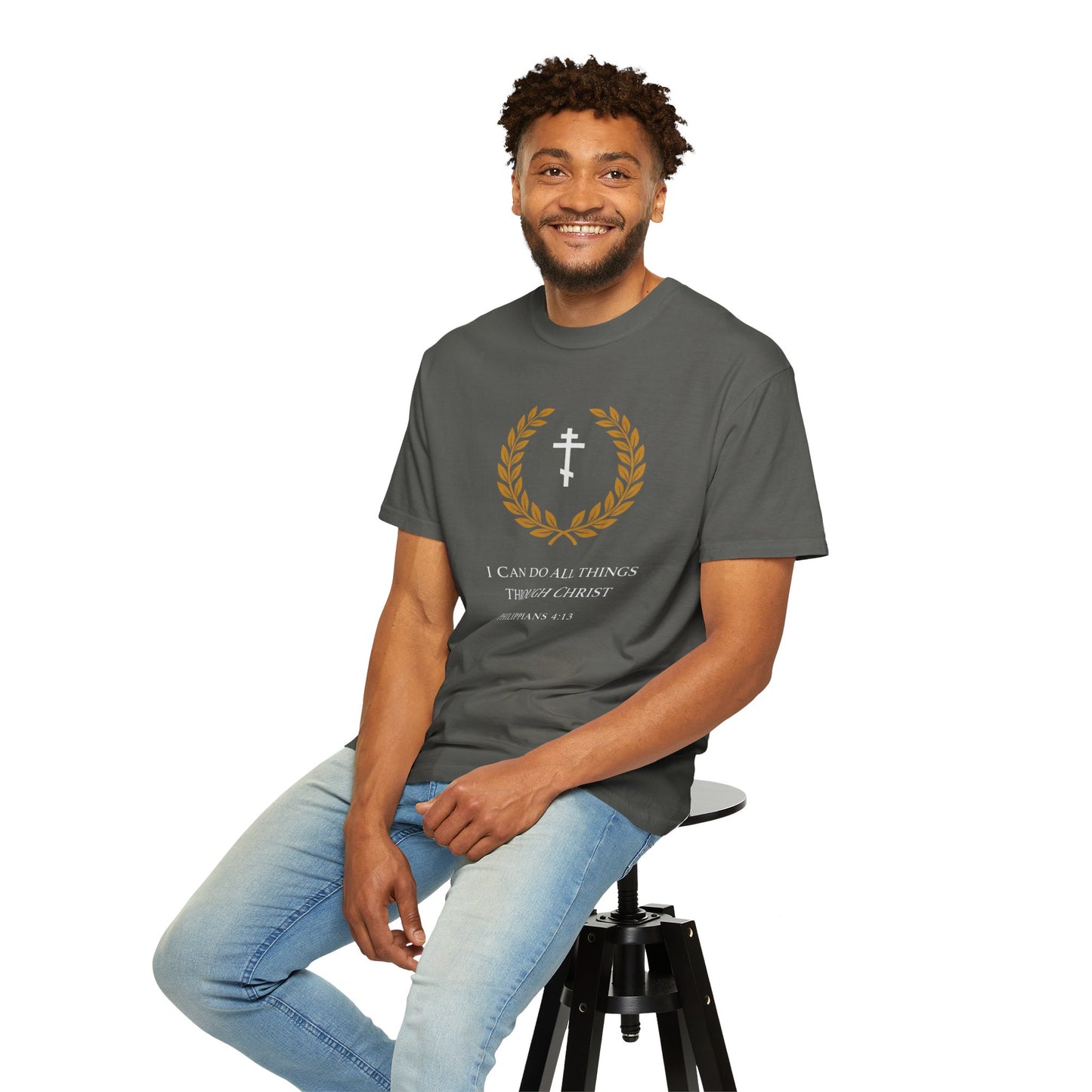 Christian T-Shirt — "I Can Do All Things Through Christ" Philippians 4:13 Cross Laurel Design