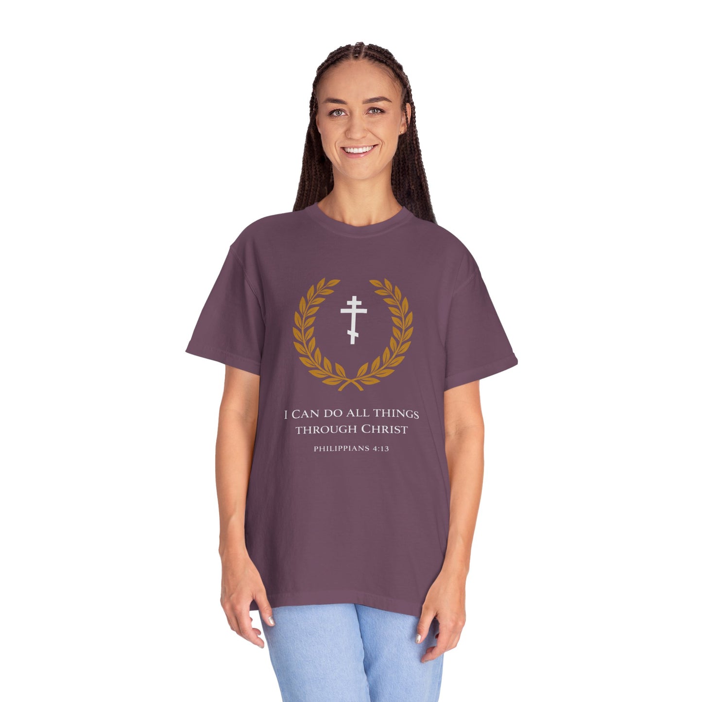 Christian T-Shirt — "I Can Do All Things Through Christ" Philippians 4:13 Cross Laurel Design