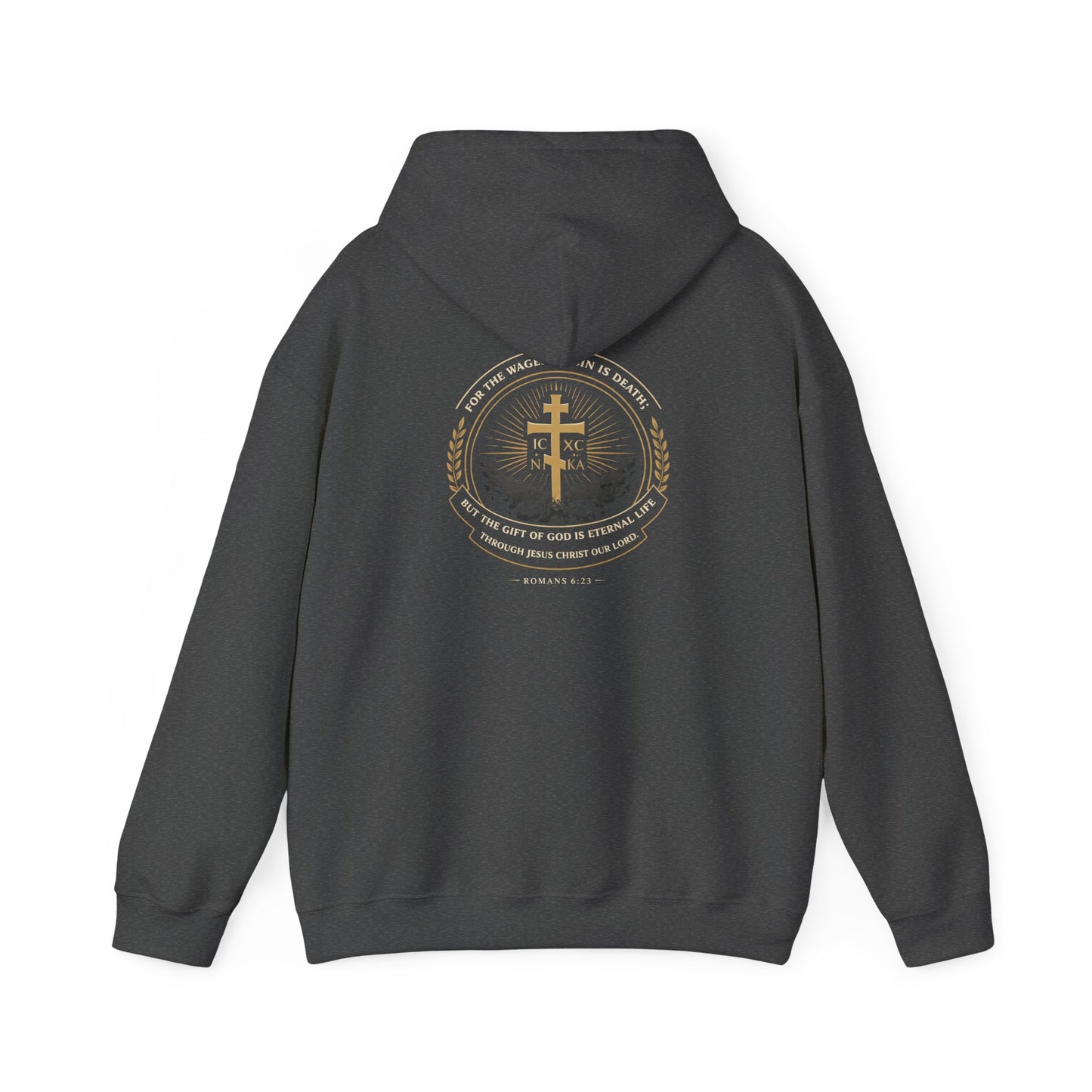 Christian Cross Hoodie — Gold Cross with Wings & Laurel Comfort Pullover