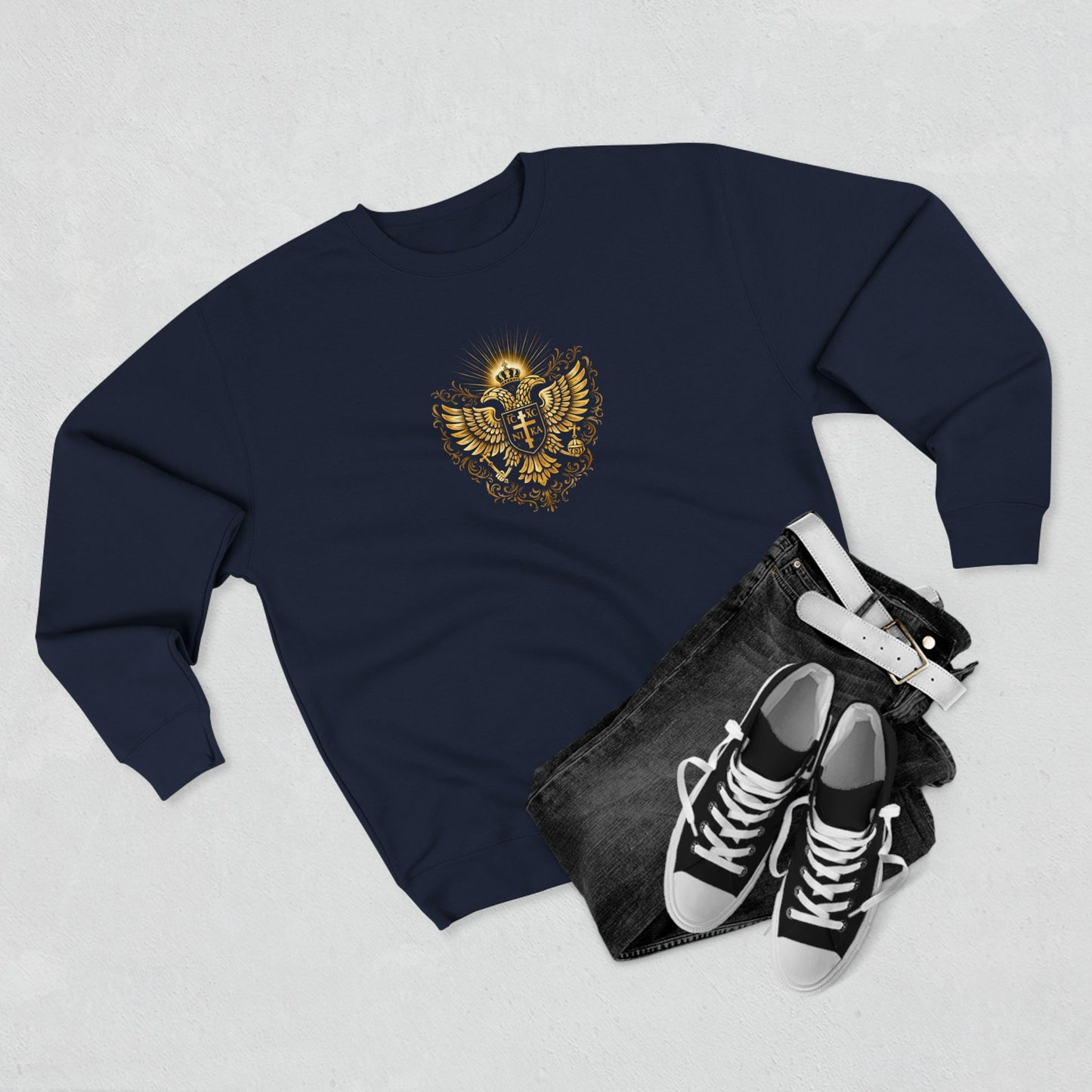 Orthodox Cross Crewneck Sweatshirt — Byzantine Icon Chest & Back Design