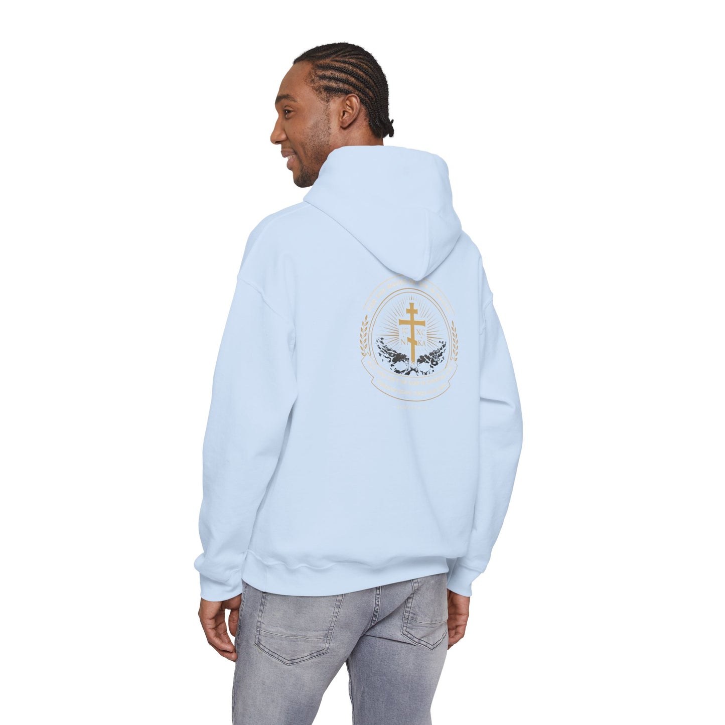 Christian Cross Hoodie — Gold Cross with Wings & Laurel Comfort Pullover