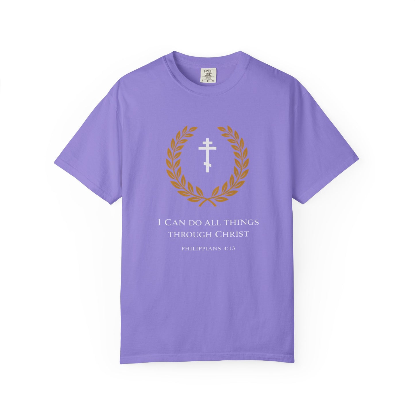 Christian T-Shirt — "I Can Do All Things Through Christ" Philippians 4:13 Cross Laurel Design