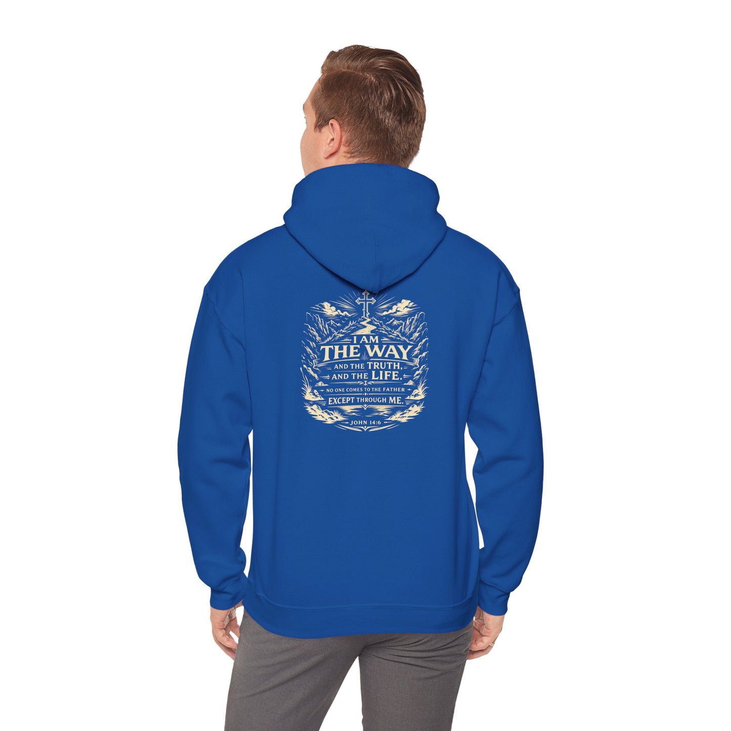 Christian Cross Hoodie — "I Am The Way" Scripture Back Print