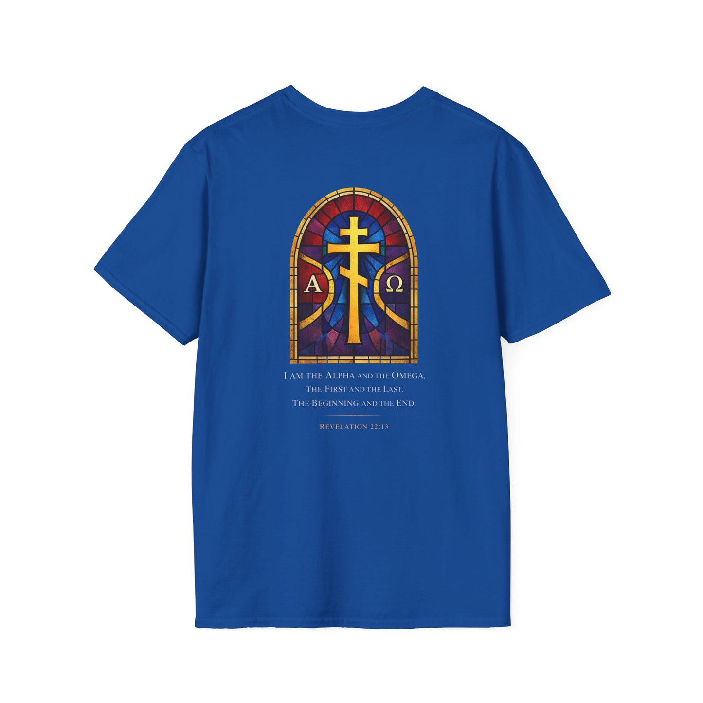 Christian Stained Glass Cross T-Shirt — "I Am the Alpha and the Omega"