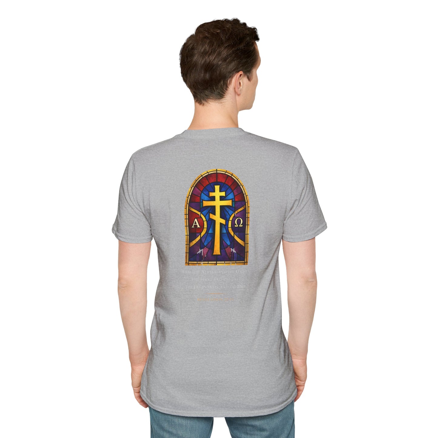 Christian Stained Glass Cross T-Shirt — "I Am the Alpha and the Omega"