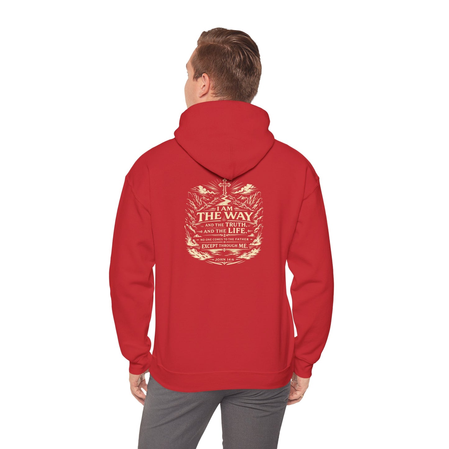 Christian Cross Hoodie — "I Am The Way" Scripture Back Print