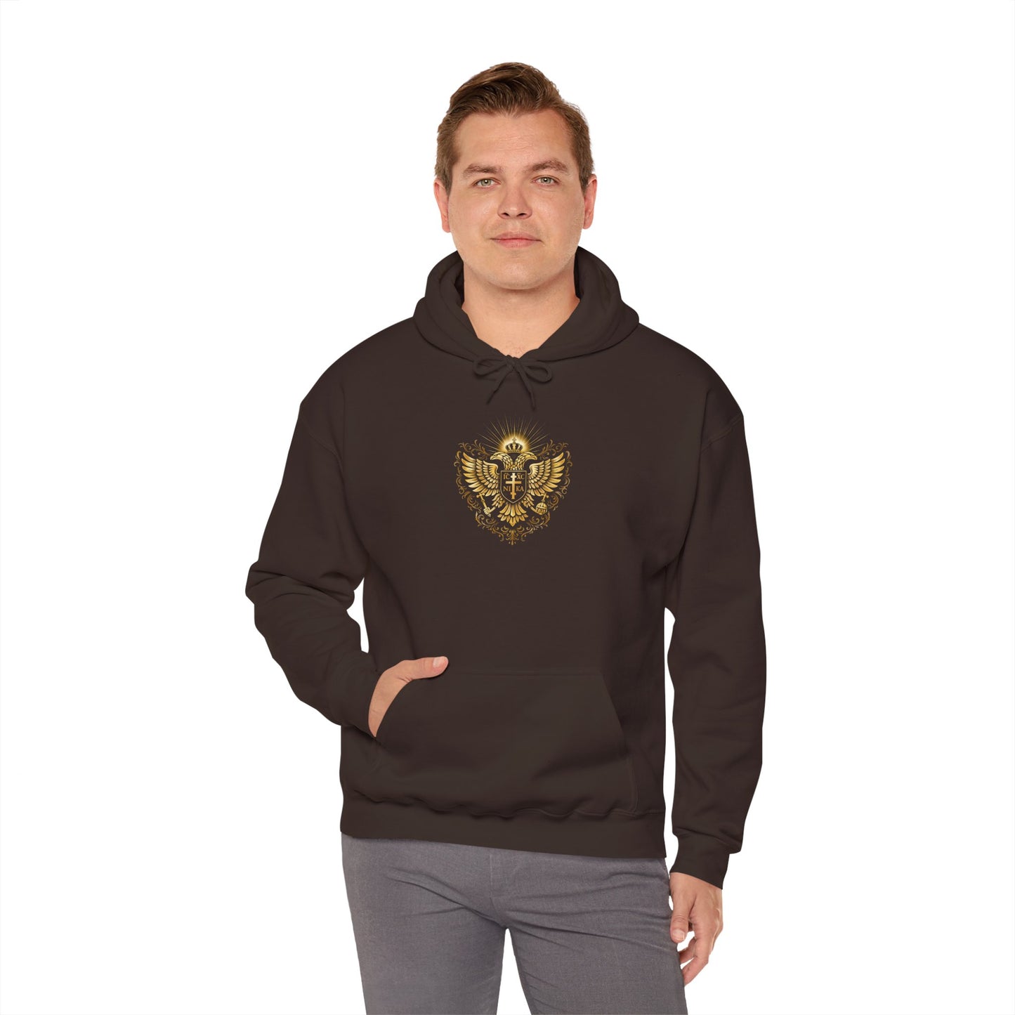 Christian Cross & Eagle Hoodie — Faith-Based Gold Emblem Sweatshirt