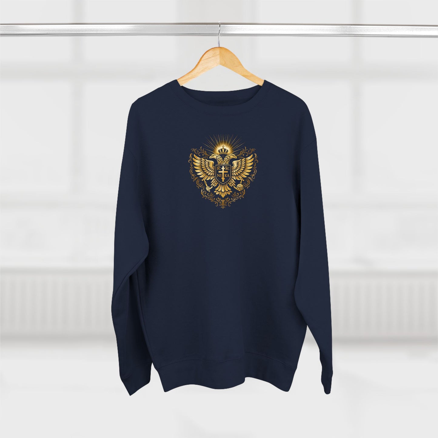 Golden Double-Headed Eagle Crewneck Sweatshirt — "I Am the Alpha and the Omega" Back Graphic