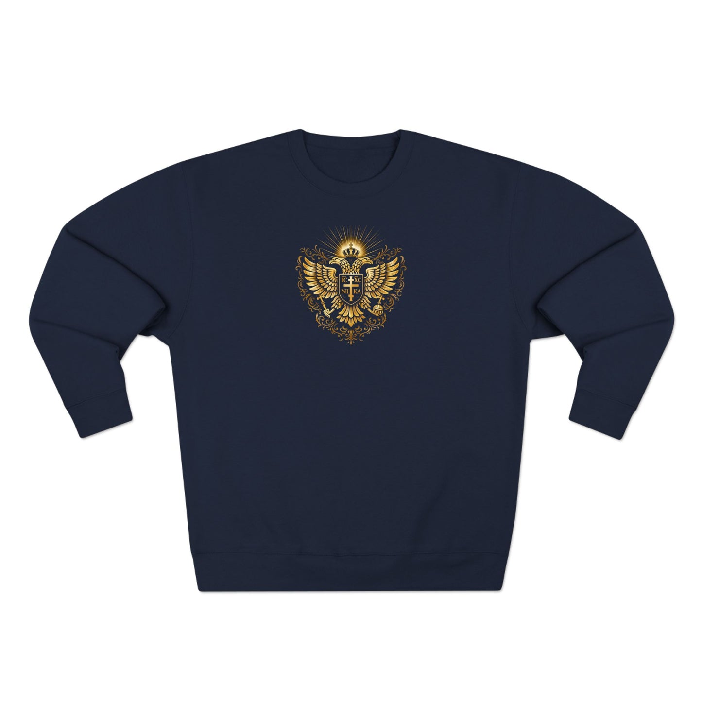 Golden Double-Headed Eagle Crewneck Sweatshirt — "I Am the Alpha and the Omega" Back Graphic