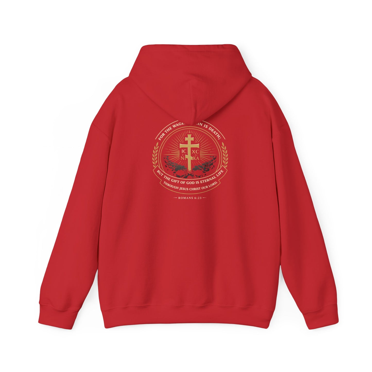 Christian Cross Hoodie — Gold Cross with Wings & Laurel Comfort Pullover
