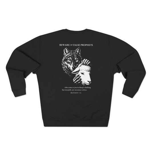 Beware of False Prophets Crewneck Sweatshirt — Wolf Mask Graphic Pullover