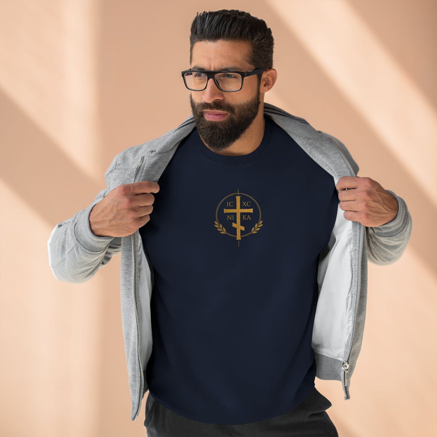 Christian Alpha Omega Crewneck Sweatshirt — Gold Double-Headed Eagle & Cross