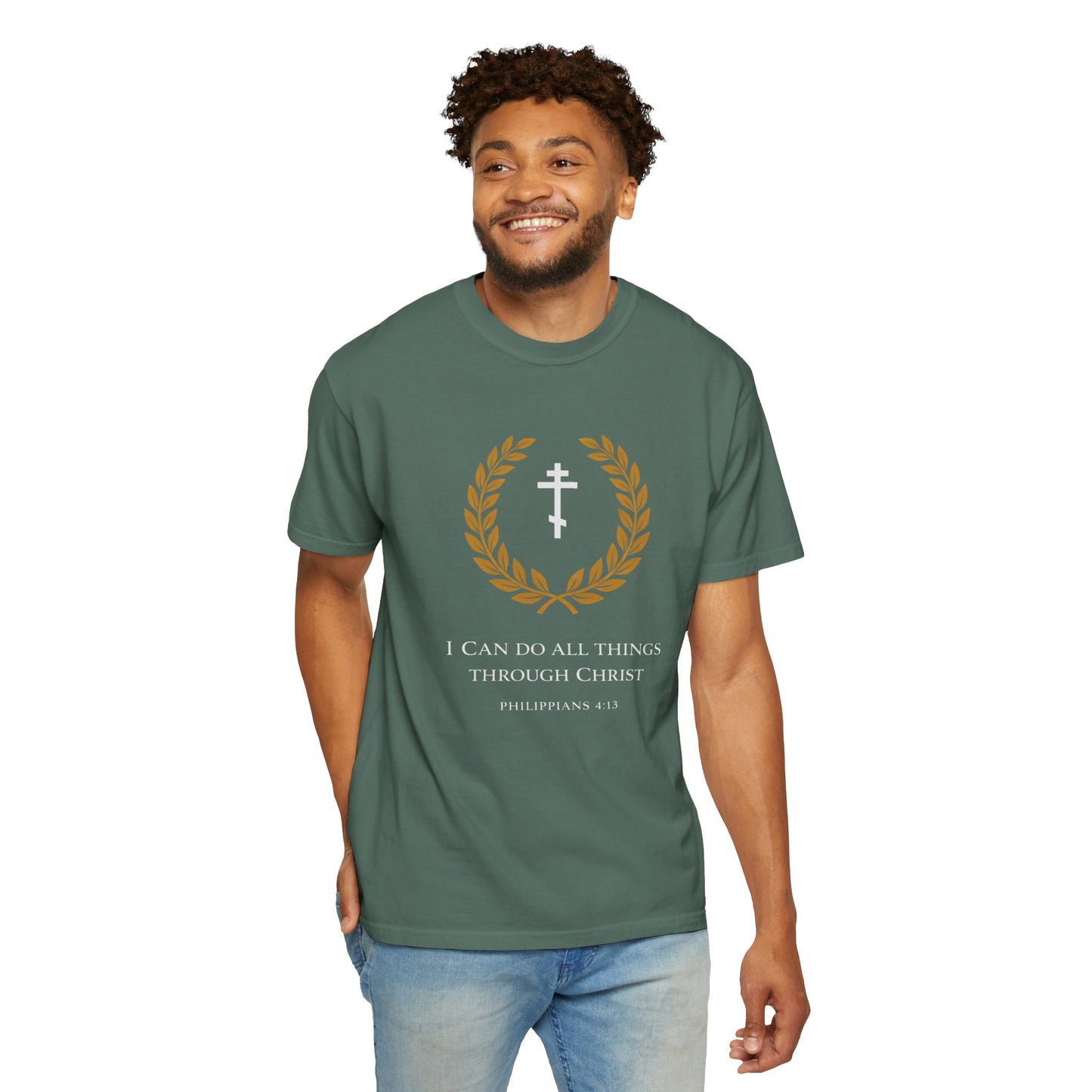 Christian T-Shirt — "I Can Do All Things Through Christ" Philippians 4:13 Cross Laurel Design