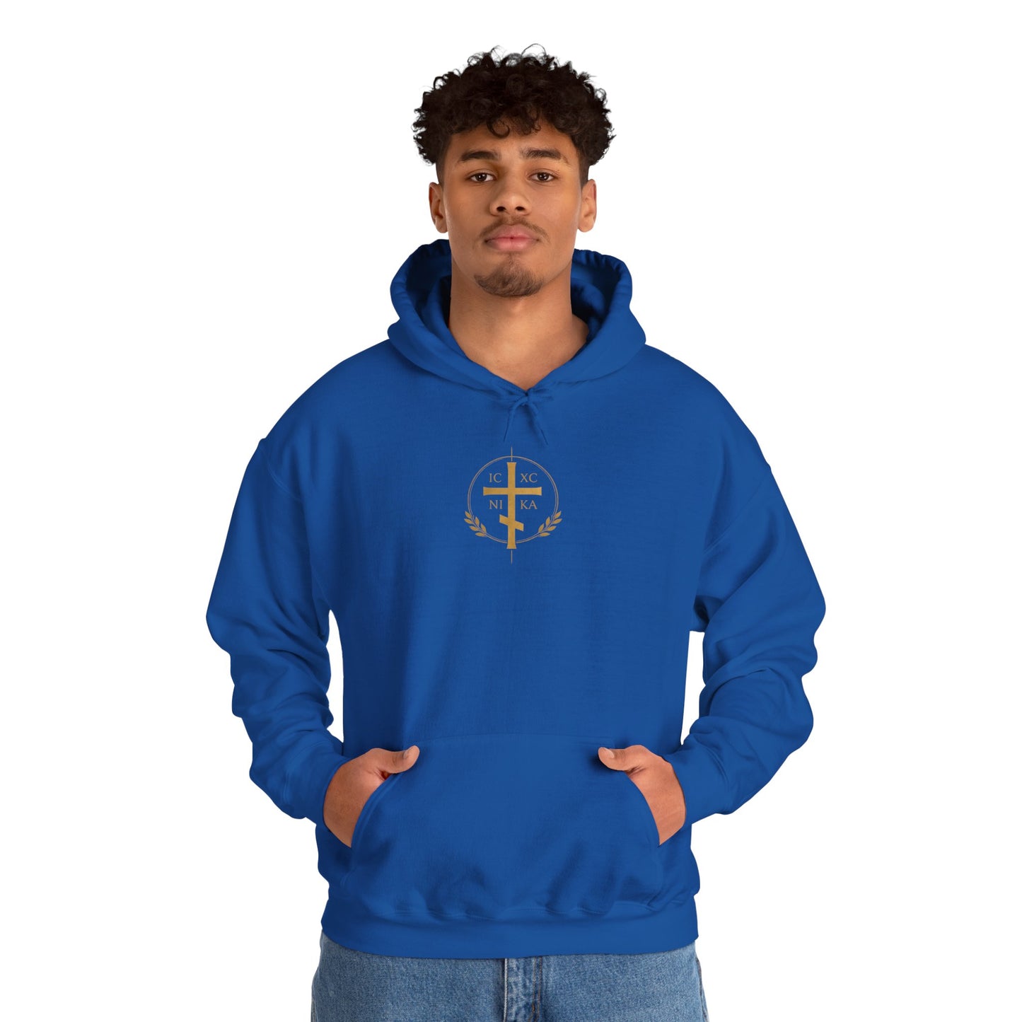 Christian Cross Hoodie — Gold Cross with Wings & Laurel Comfort Pullover