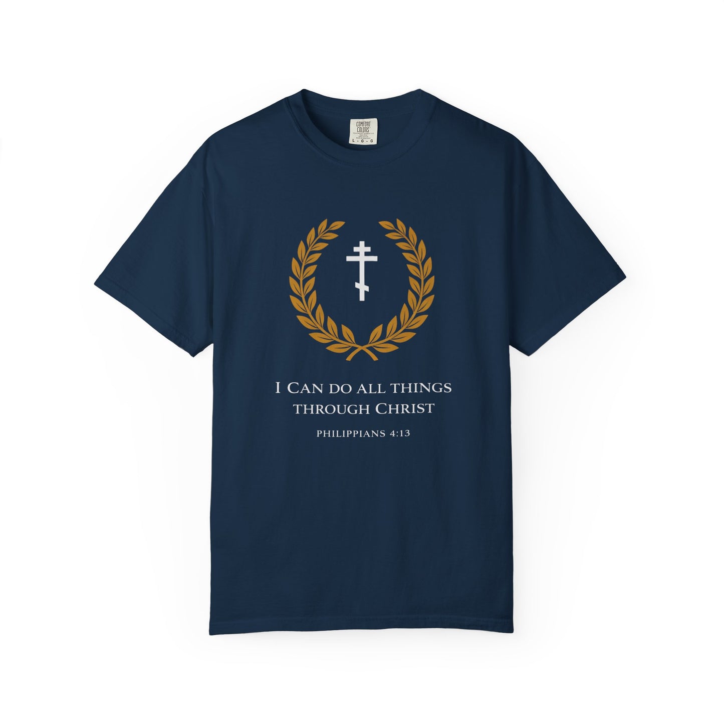 Christian T-Shirt — "I Can Do All Things Through Christ" Philippians 4:13 Cross Laurel Design