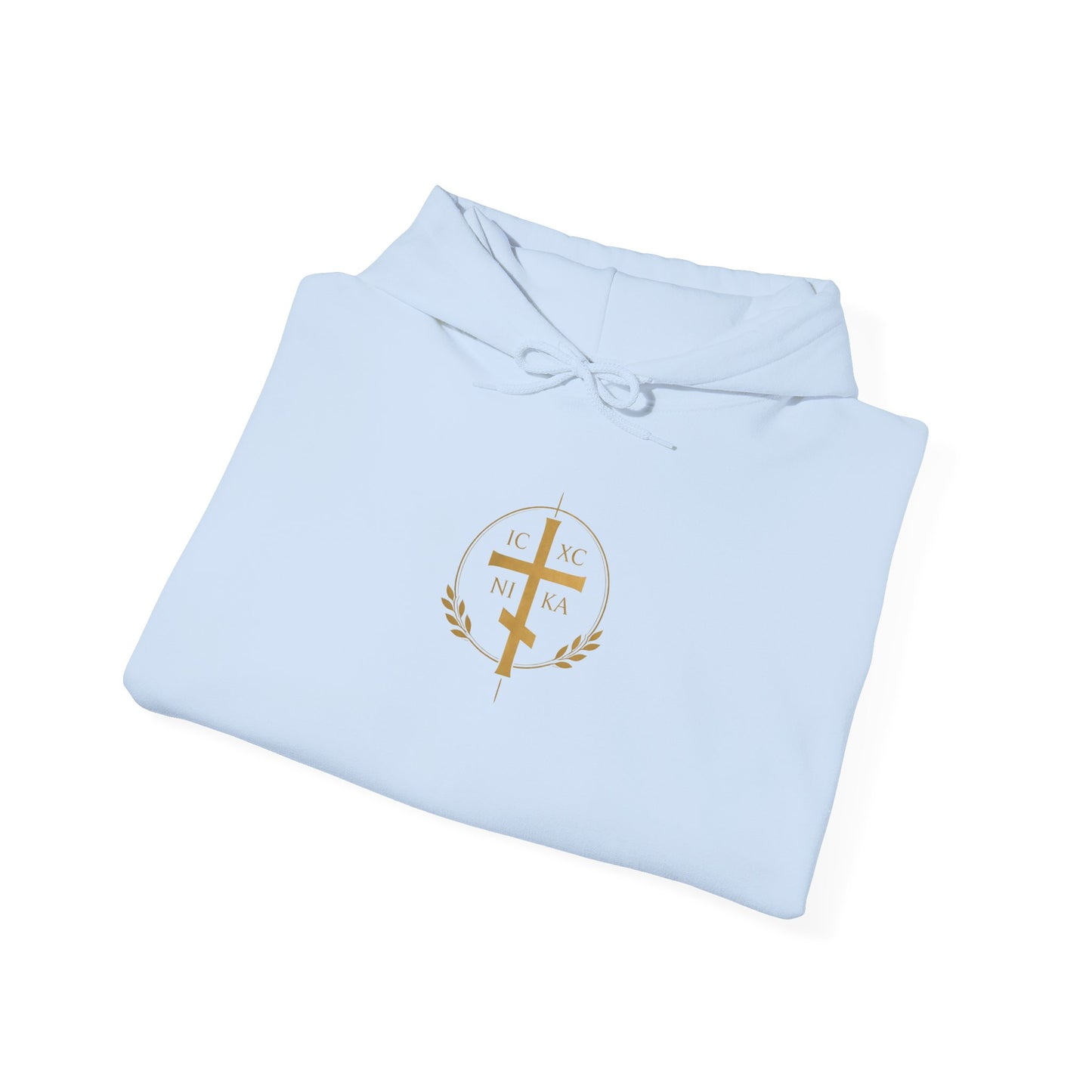 Christian Cross Hoodie — Gold Cross with Wings & Laurel Comfort Pullover