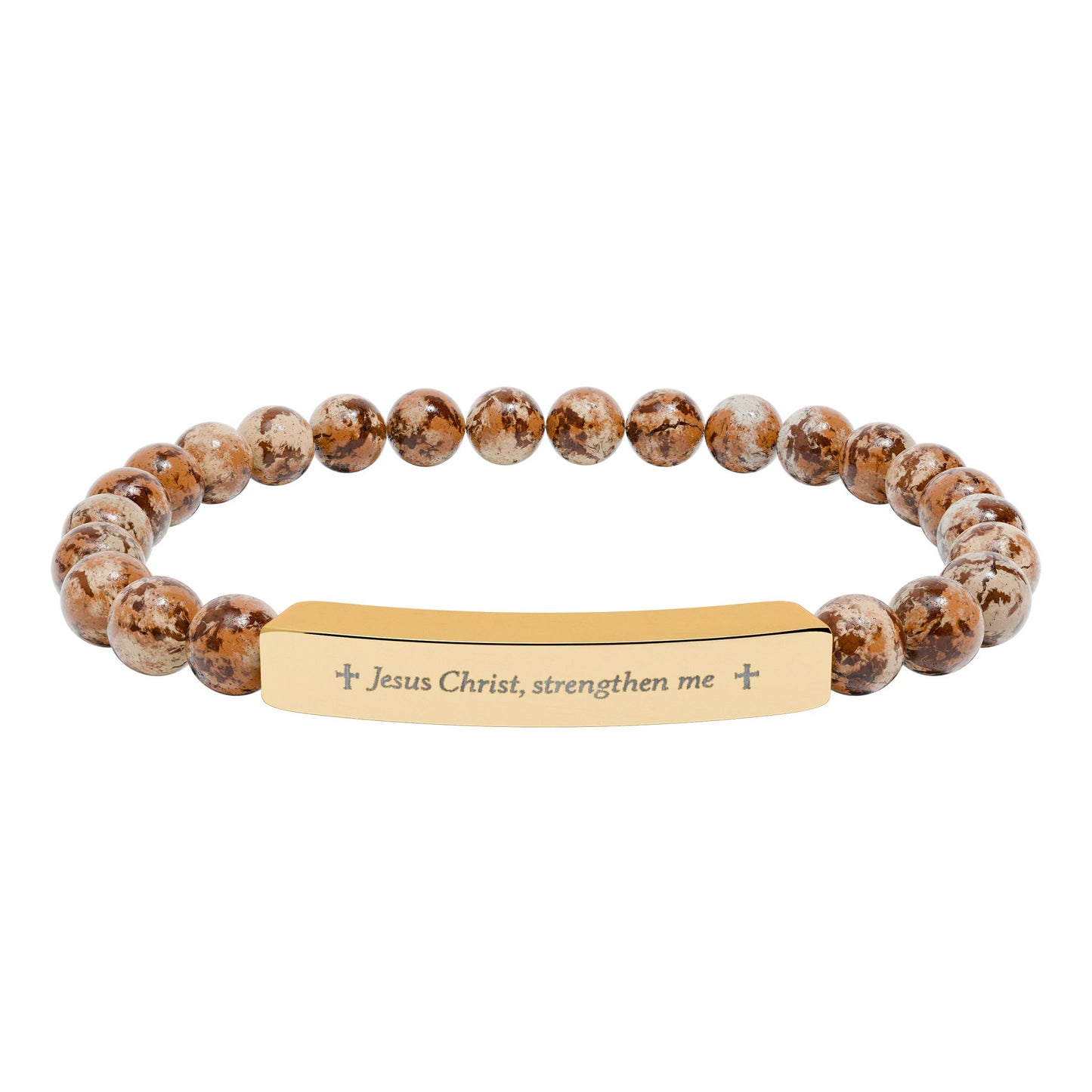 Engraved Natural Stone Bead Bracelet — Personalized Bar Stretch Bracelet