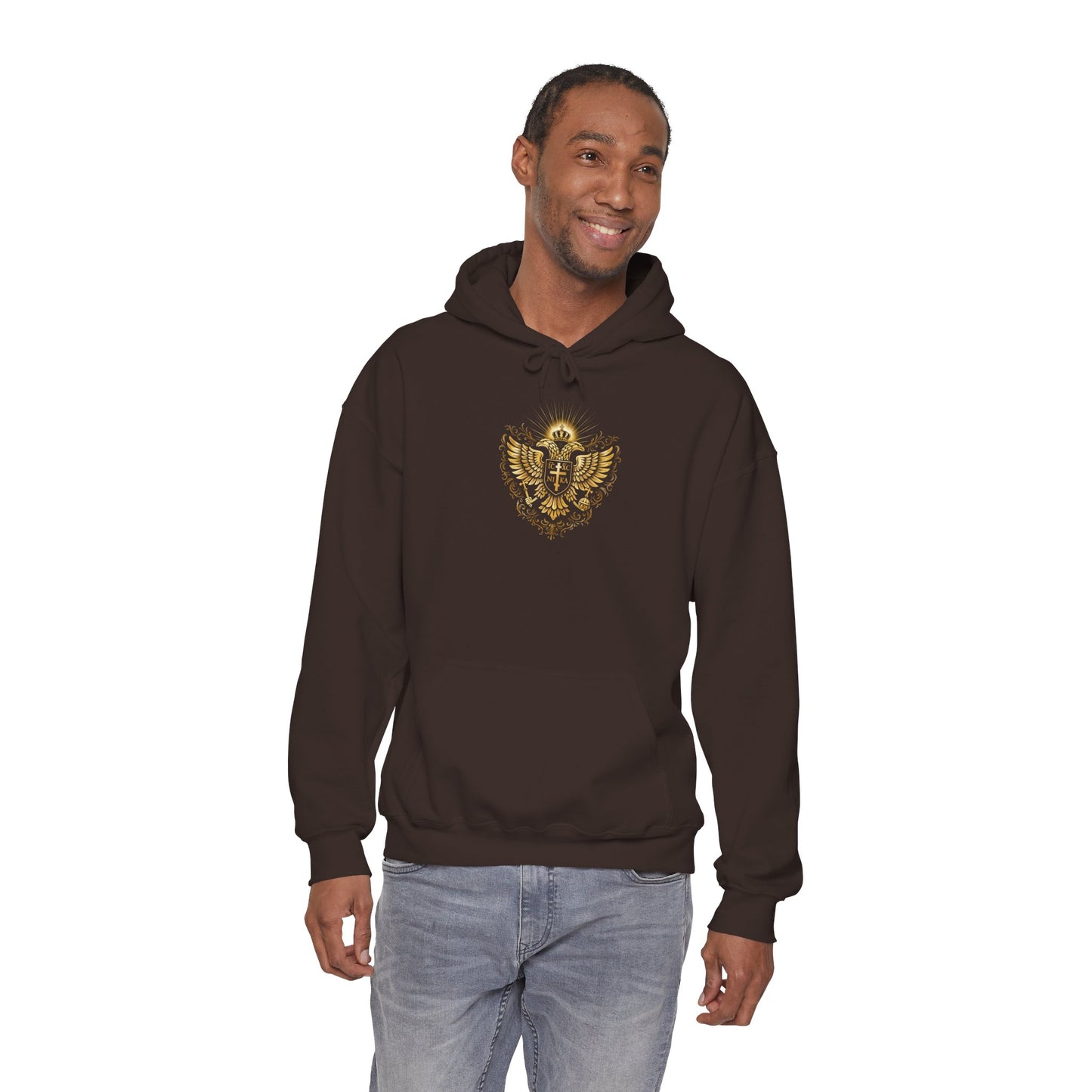 Christian Cross & Eagle Hoodie — Faith-Based Gold Emblem Sweatshirt