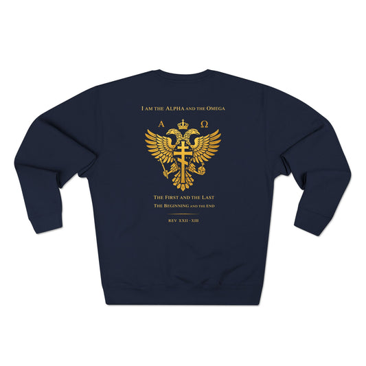 Golden Double-Headed Eagle Crewneck Sweatshirt — "I Am the Alpha and the Omega" Back Graphic