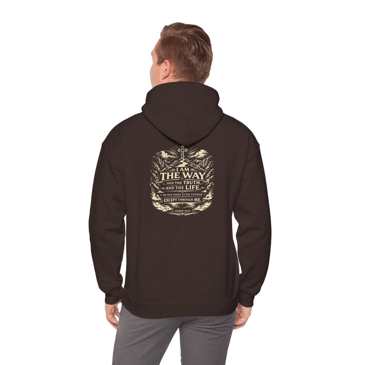 Christian Cross Hoodie — "I Am The Way" Scripture Back Print