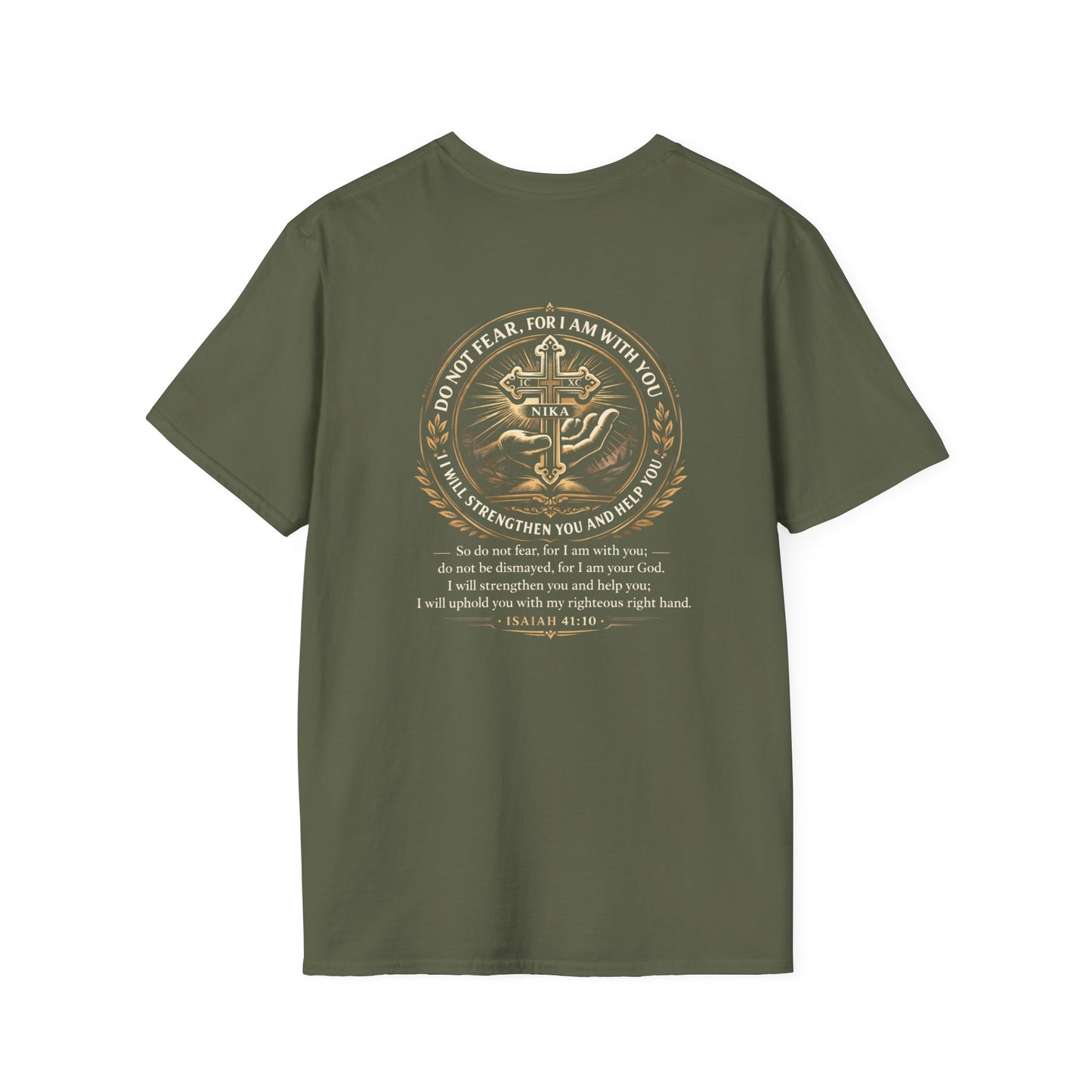 Christian Cross T-Shirt — Isaiah 41:10 Faith Prayer Tee (Front Small Cross, Back Scripture Emblem)