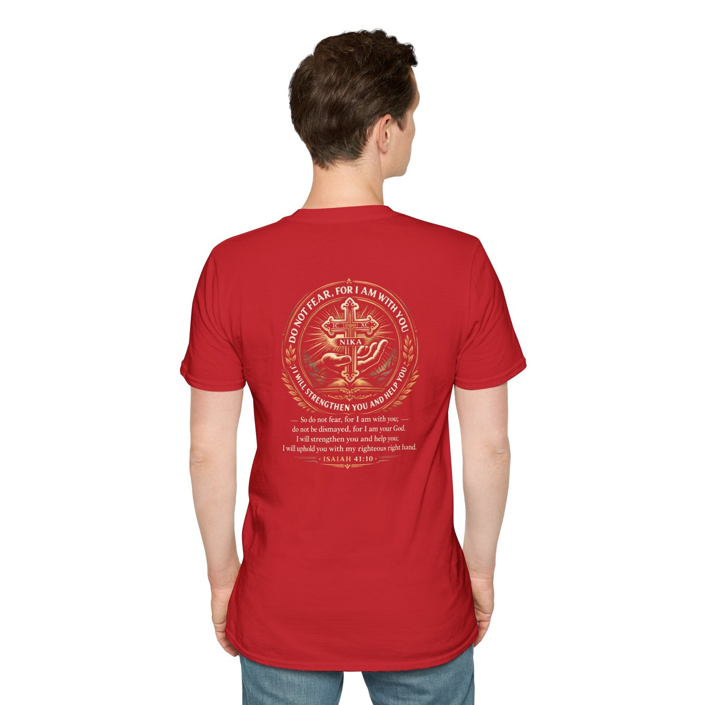 Christian Cross T-Shirt — Isaiah 41:10 Faith Prayer Tee (Front Small Cross, Back Scripture Emblem)