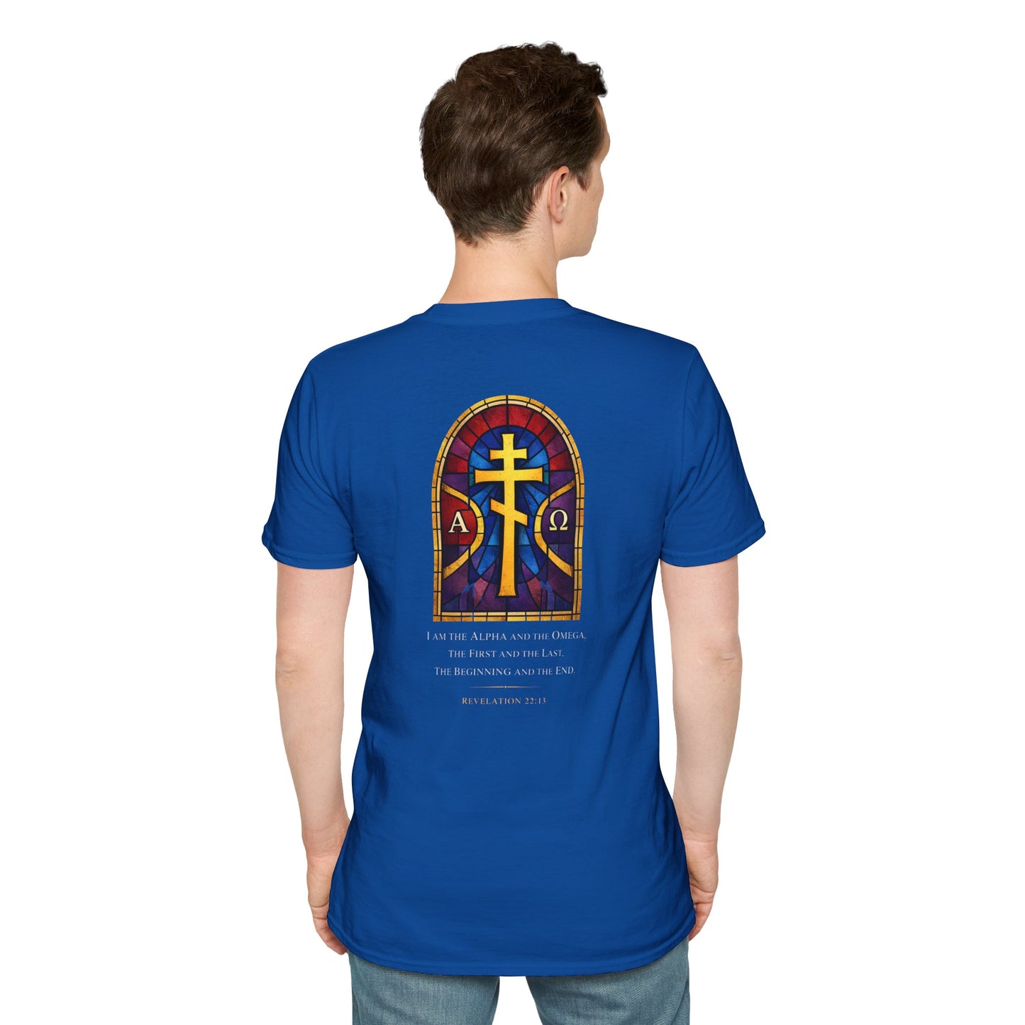Christian Stained Glass Cross T-Shirt — "I Am the Alpha and the Omega"