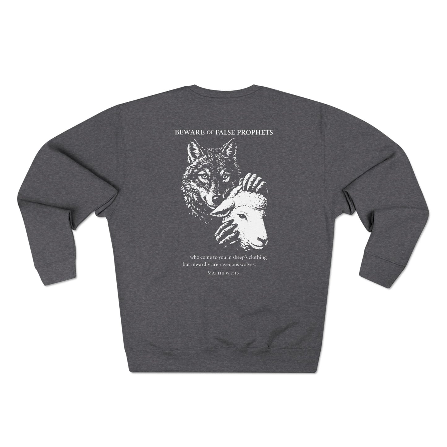 Beware of False Prophets Crewneck Sweatshirt — Wolf Mask Graphic Pullover