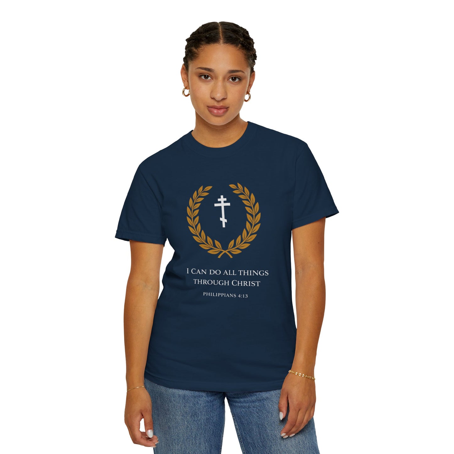 Christian T-Shirt — "I Can Do All Things Through Christ" Philippians 4:13 Cross Laurel Design