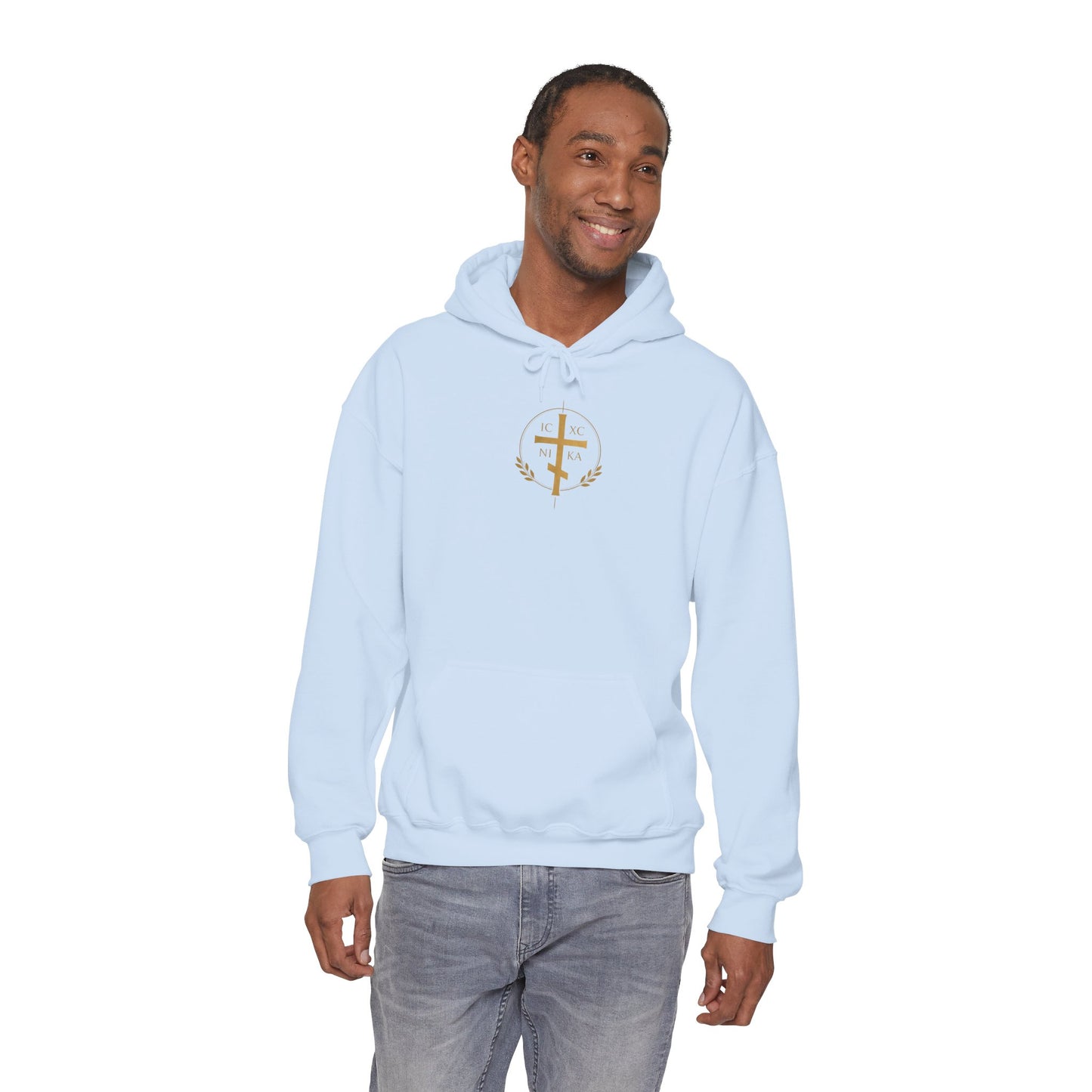 Christian Cross Hoodie — Gold Cross with Wings & Laurel Comfort Pullover
