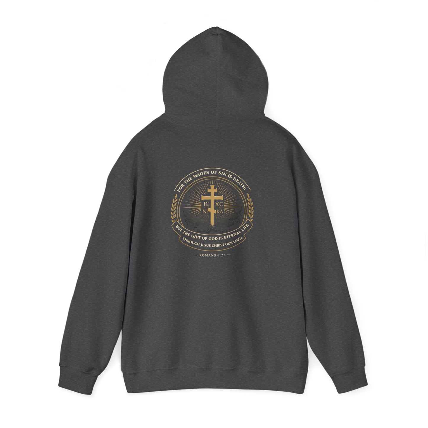Christian Cross Hoodie — Gold Cross with Wings & Laurel Comfort Pullover