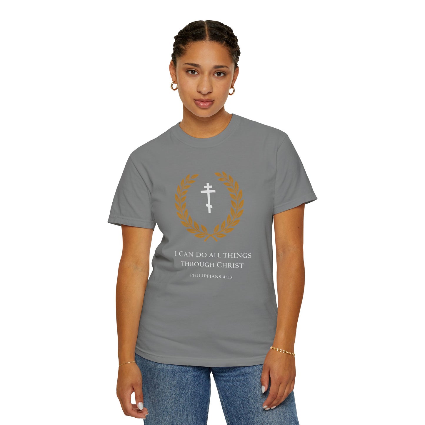 Christian T-Shirt — "I Can Do All Things Through Christ" Philippians 4:13 Cross Laurel Design
