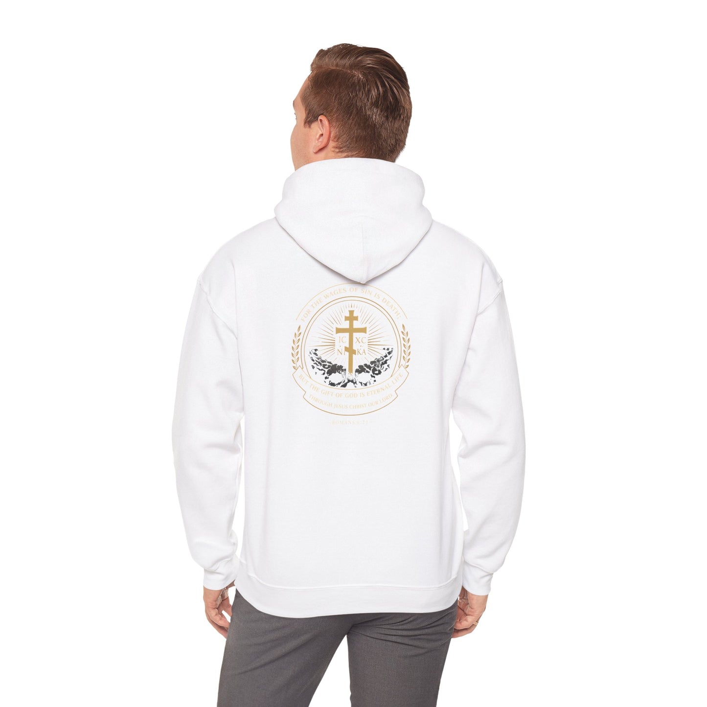 Christian Cross Hoodie — Gold Cross with Wings & Laurel Comfort Pullover