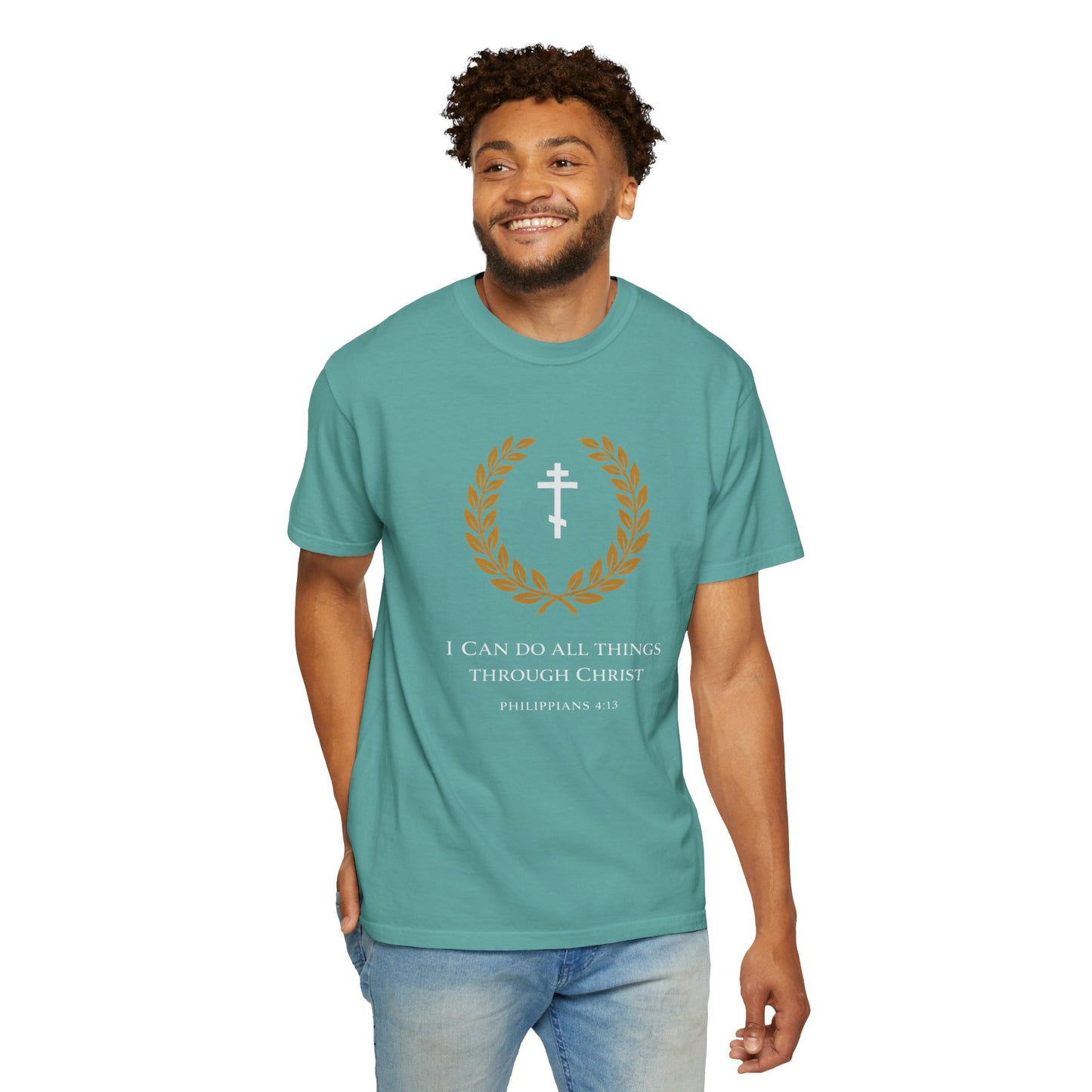 Christian T-Shirt — "I Can Do All Things Through Christ" Philippians 4:13 Cross Laurel Design