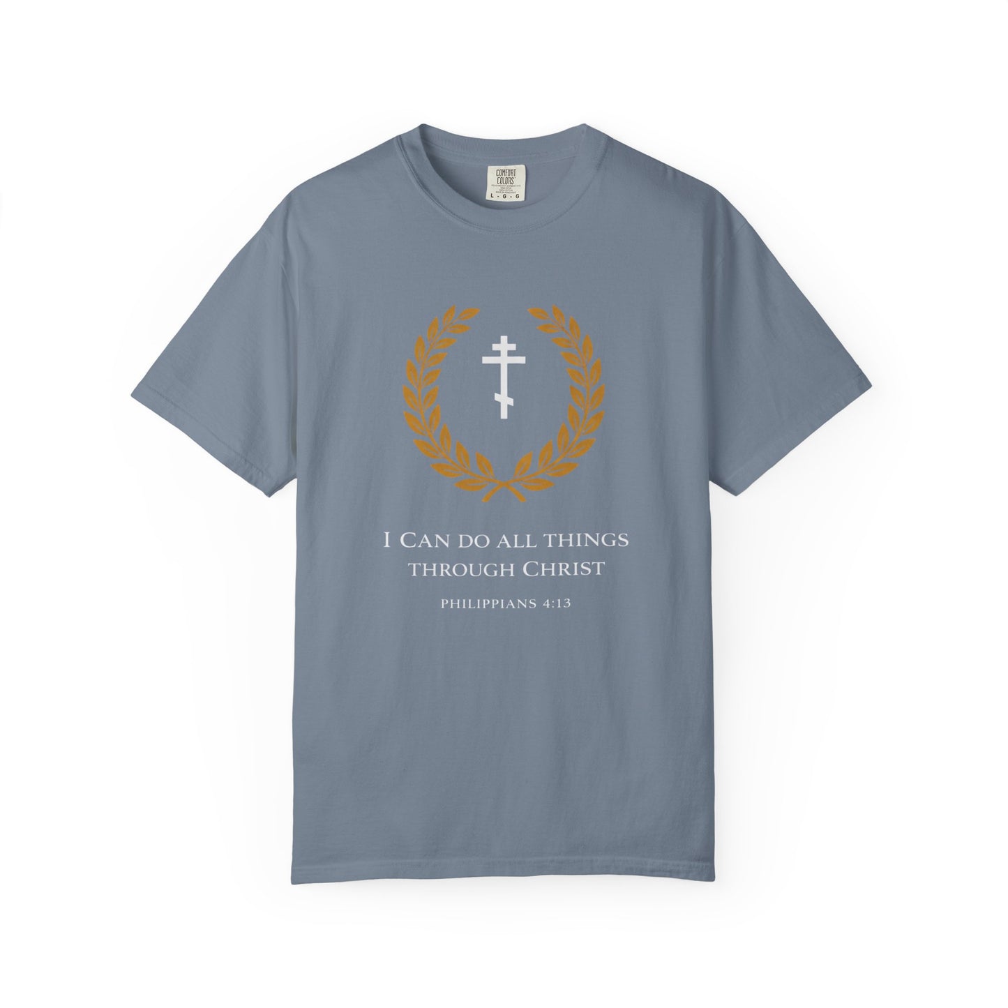 Christian T-Shirt — "I Can Do All Things Through Christ" Philippians 4:13 Cross Laurel Design